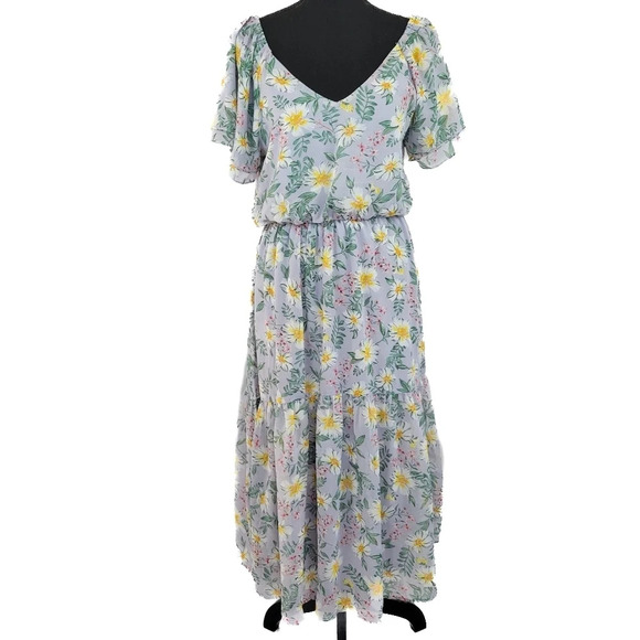 ALL IN FAVOR Flowy V Neck Flutter Sleeve Light Blue Floral MIDI Dress - Picture 1 of 8